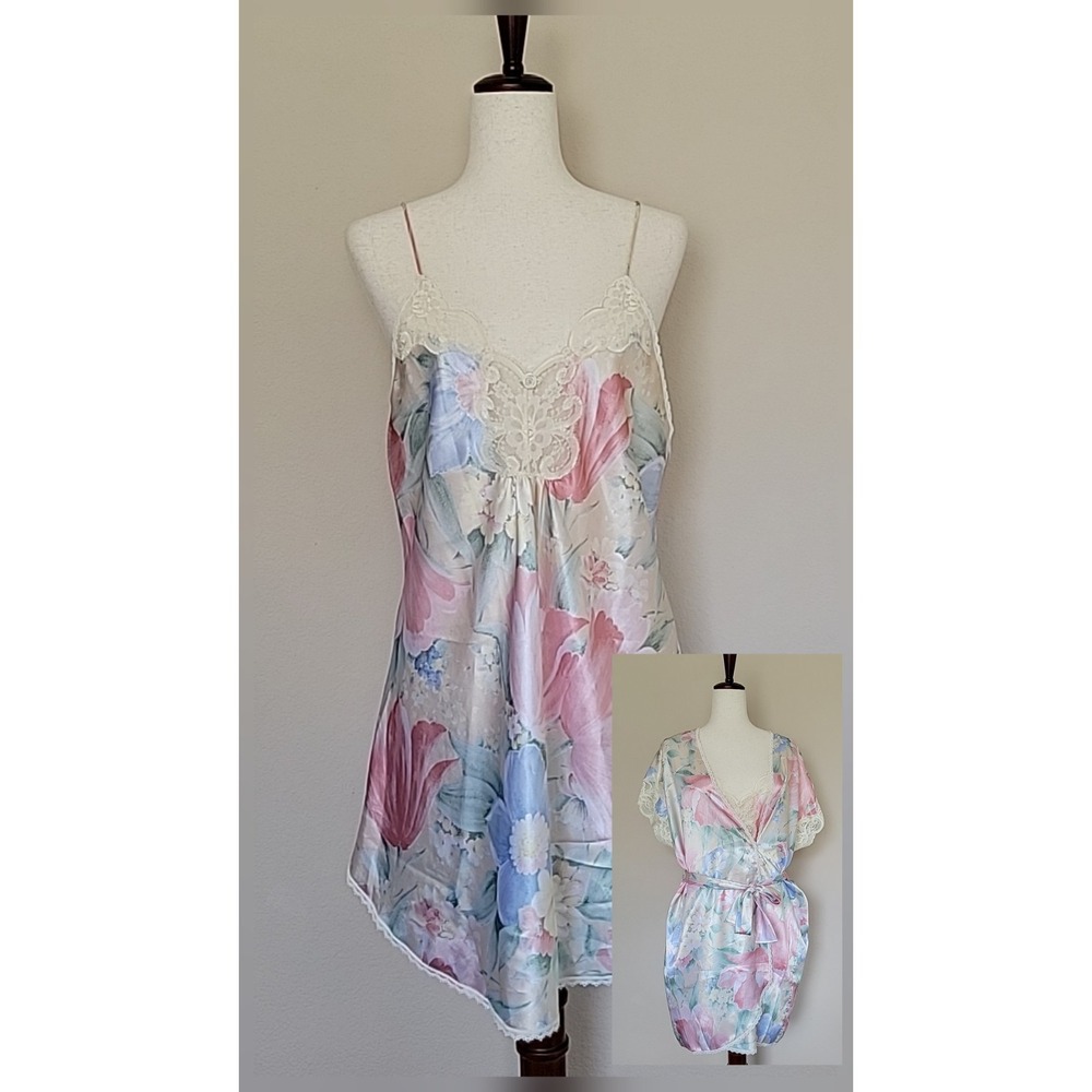 Vtg Indulgence Robe Lingerie Set Size M Pink Floral Satin Lace Babydoll 80s 90s